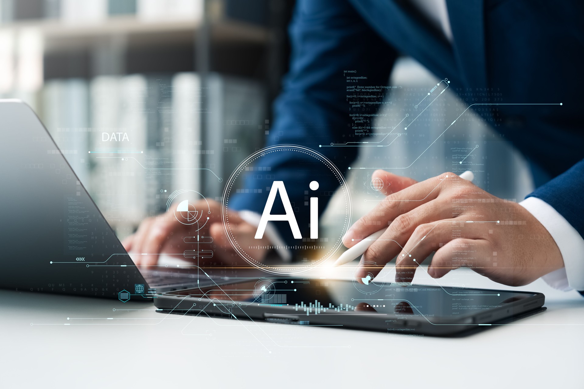 Businessman using artificial intelligence (AI) technology in future business, using artificial intelligence to make business more efficient, IoT, innovation and the future.